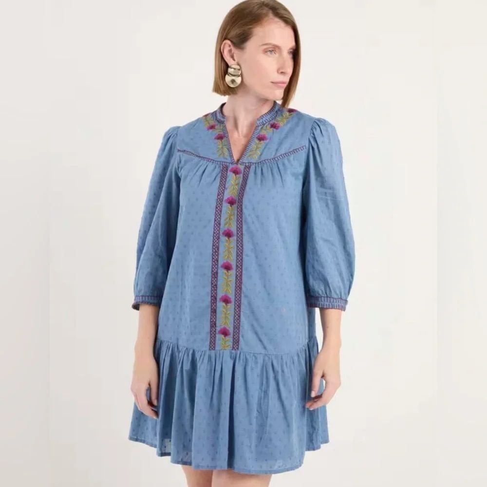 Sale London Times Blue Embroidered Boho Dress